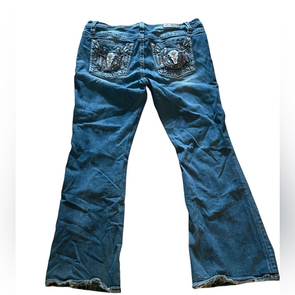 Miss Me Western Mid Rise Flare Jeans Longhorn Horseshoe Turquoise Size 36 - Picture 11 of 13